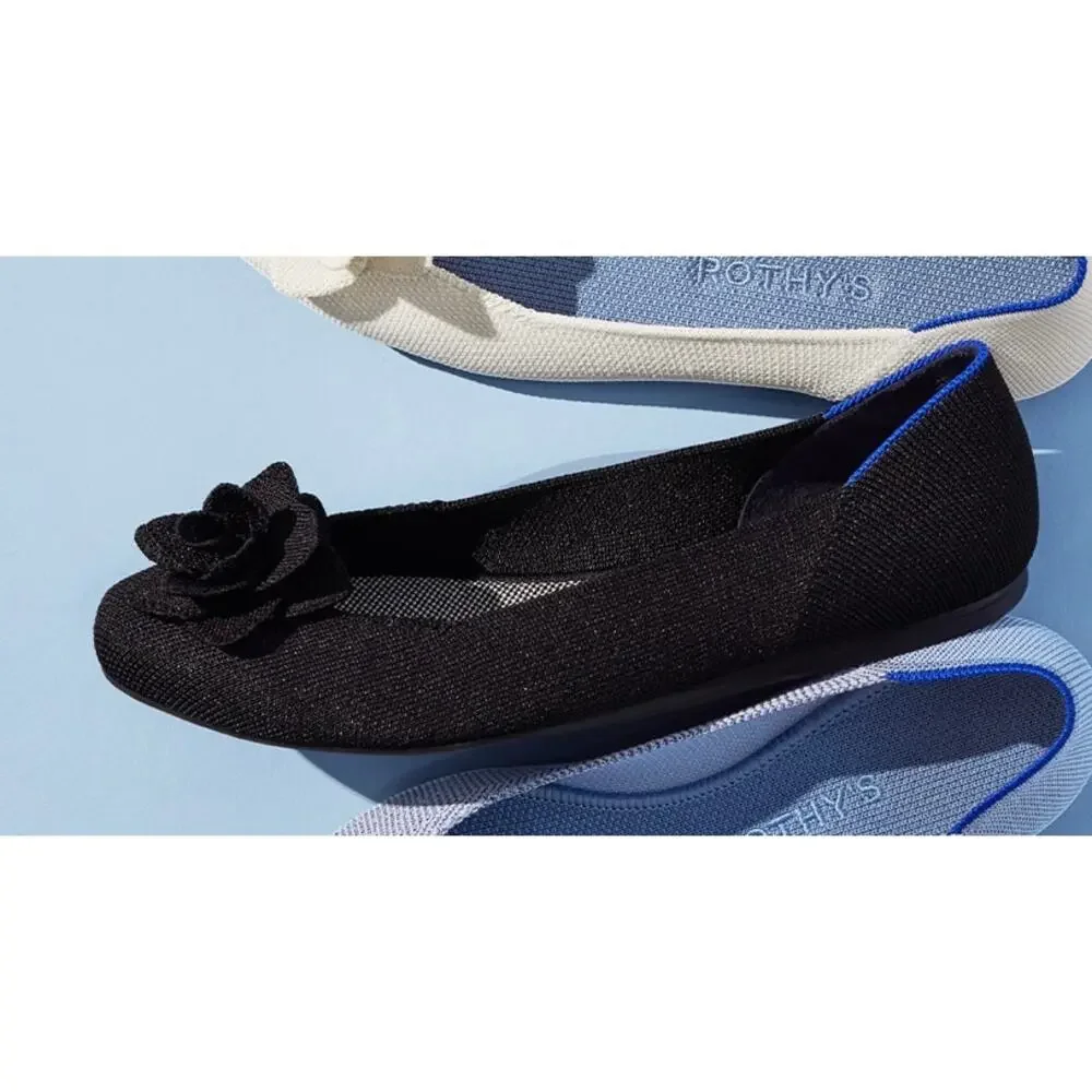 Rothy’s The Petal Square 3D rosette Black ballerina flats slippers shoes sz 12